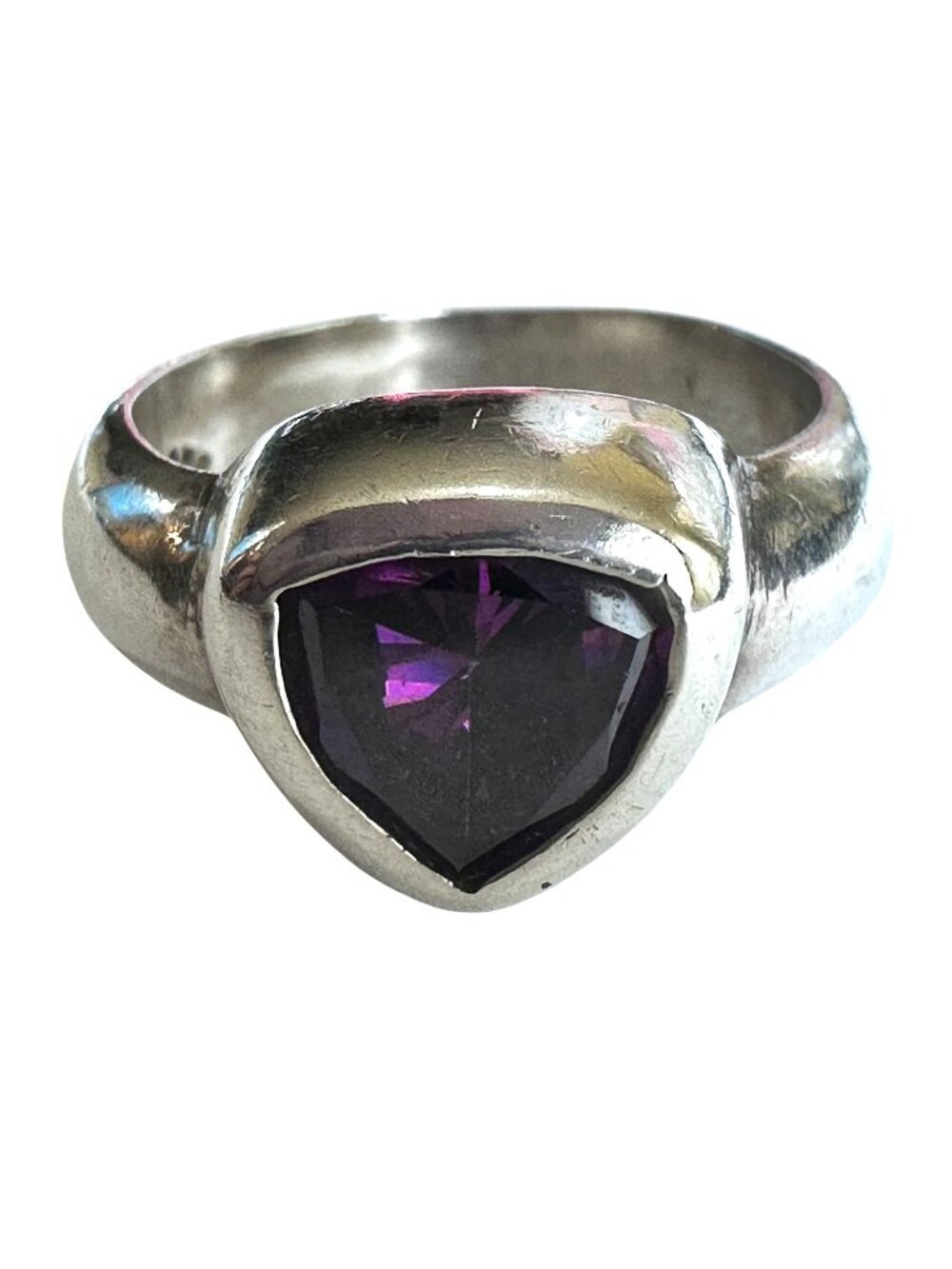 Sterling Silver Ring With Purple Glass Triangular Size 6.25 Stamped 925 Modern